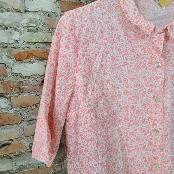 Vintage 1960s 1970s Pink Floral Button Up Blouse Short Sleeve Summer Shirt - Picture 5 of 9